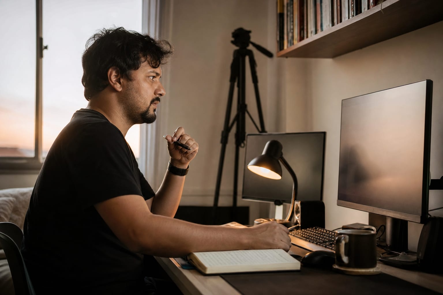 Produtor digital diante de dois monitores emitindo nota fiscal na mesa de casa