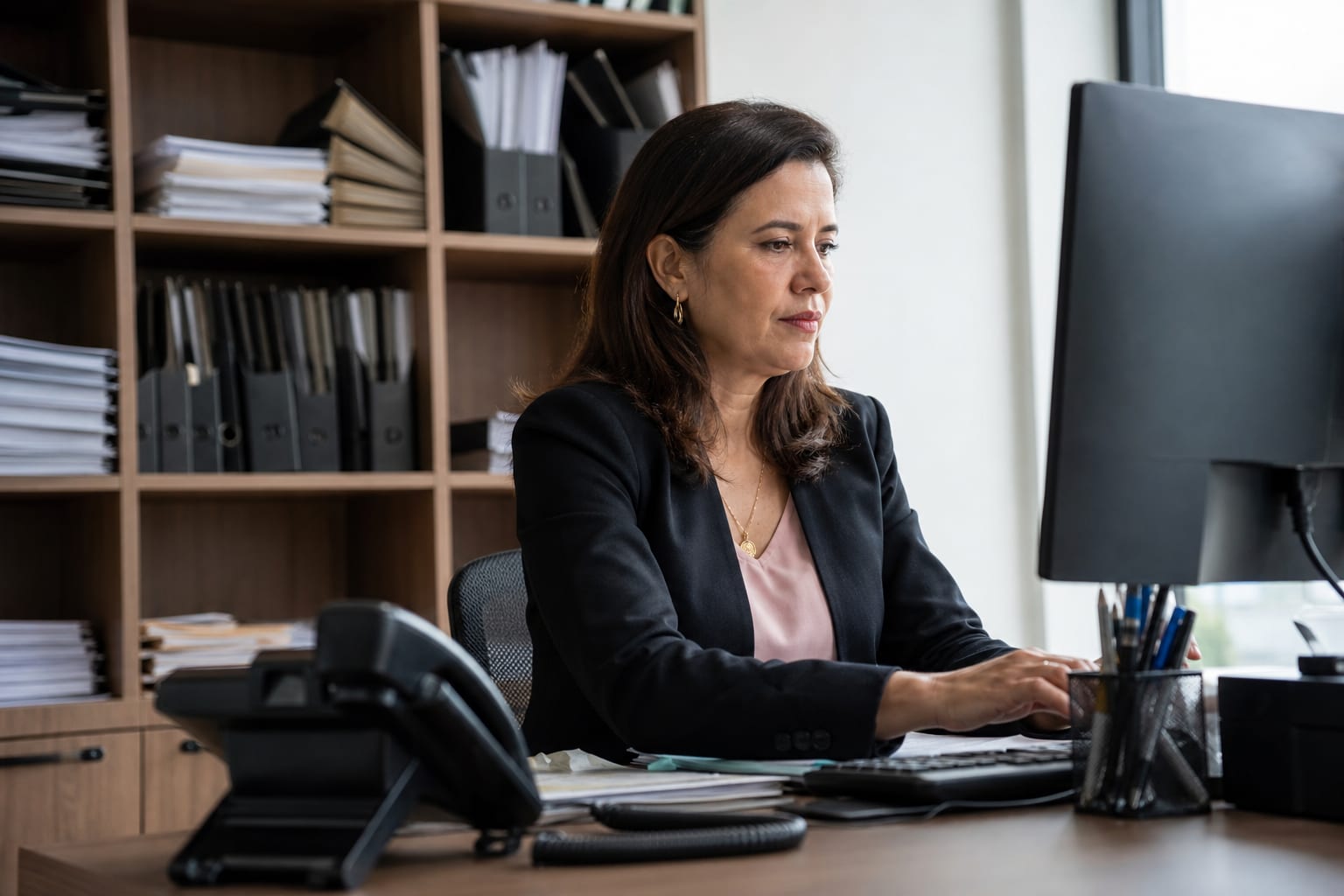 Contadora conferindo um sistema de nota fiscal no computador do escritório