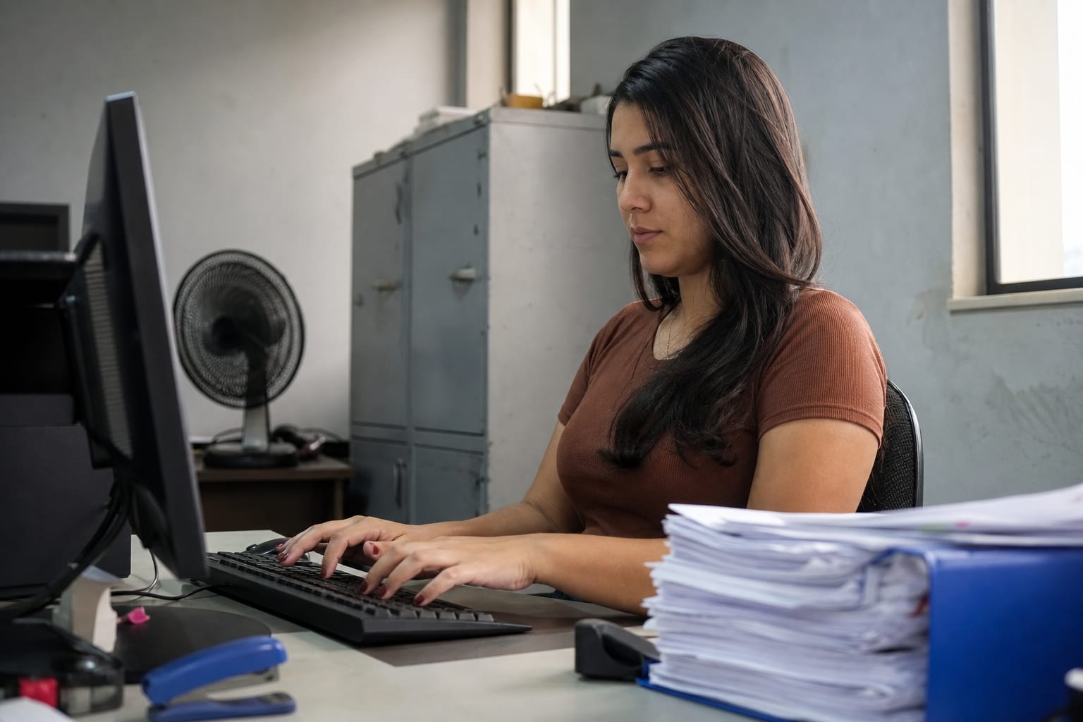 Assistente administrativa digitando notas fiscais em escritório pequeno