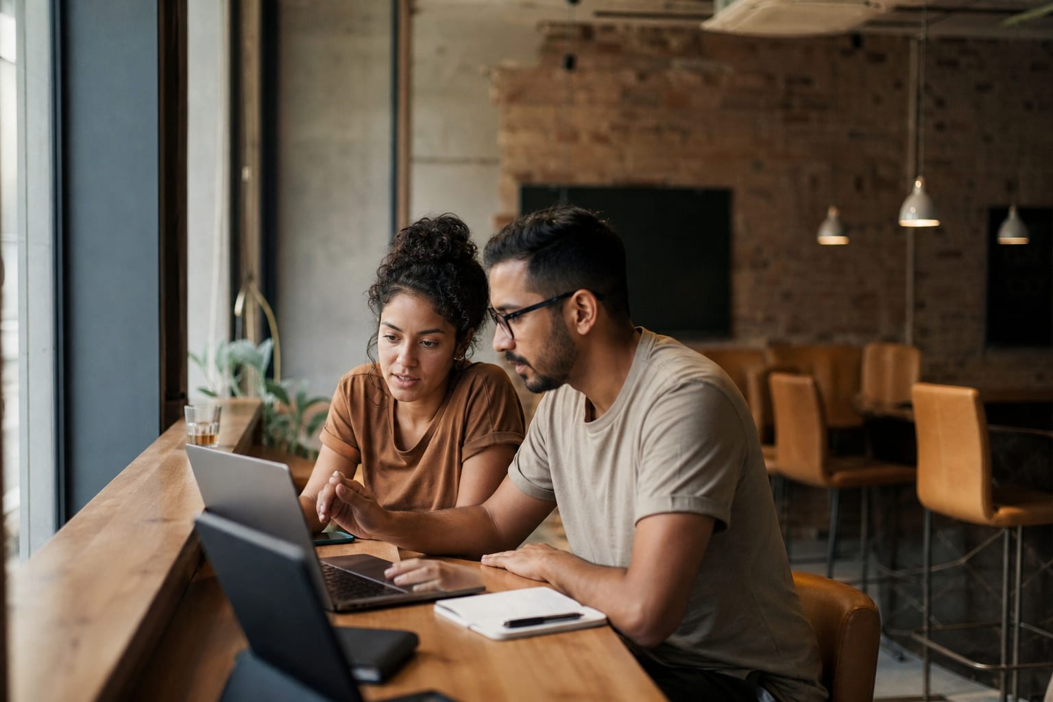 Duas pessoas comparando sistemas em notebooks num balcão de coworking
